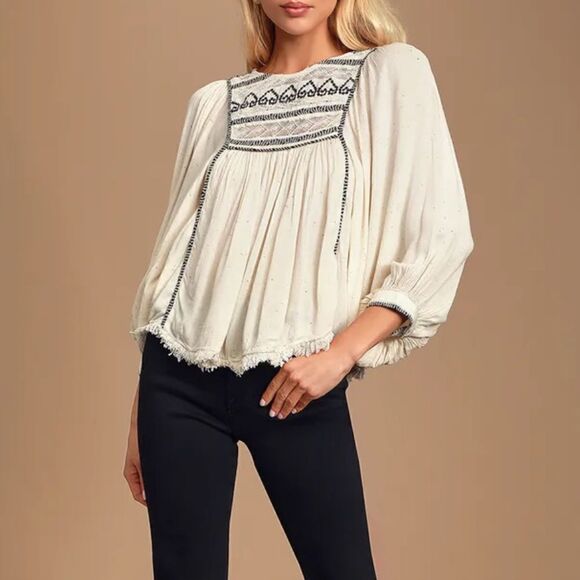 Free People Boho Cyprus Avenue Ivory Embroidered Top Blouse Size XS - Picture 1 of 9